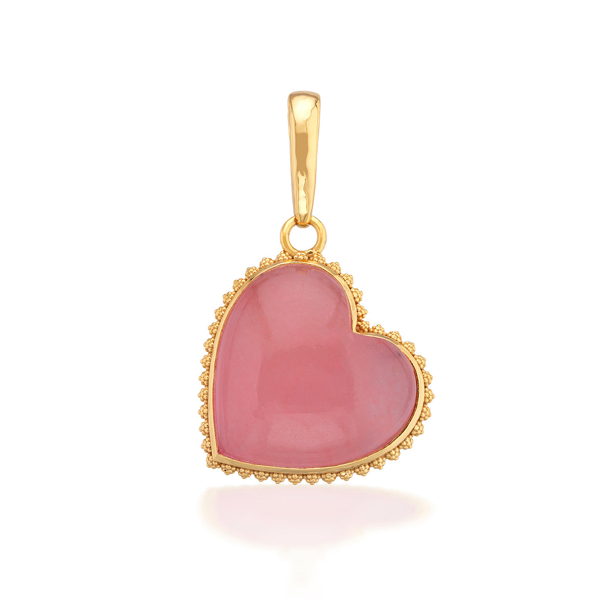 A love token to add to any bracelet or necklace chain, a natural, hand-carved and polished pink jade heart is trimmed in our signature bright gold twisting thread to carry with you wherever you go. This oversized heart is a statement piece that makes a fabulous gift for your beloved—or yourself!