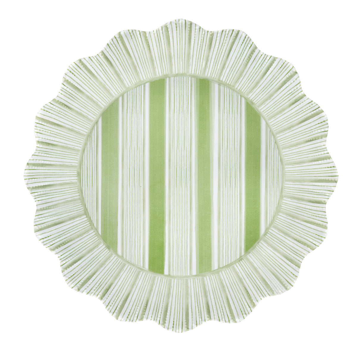 Green striped melamine dinner plate with scalloped edges