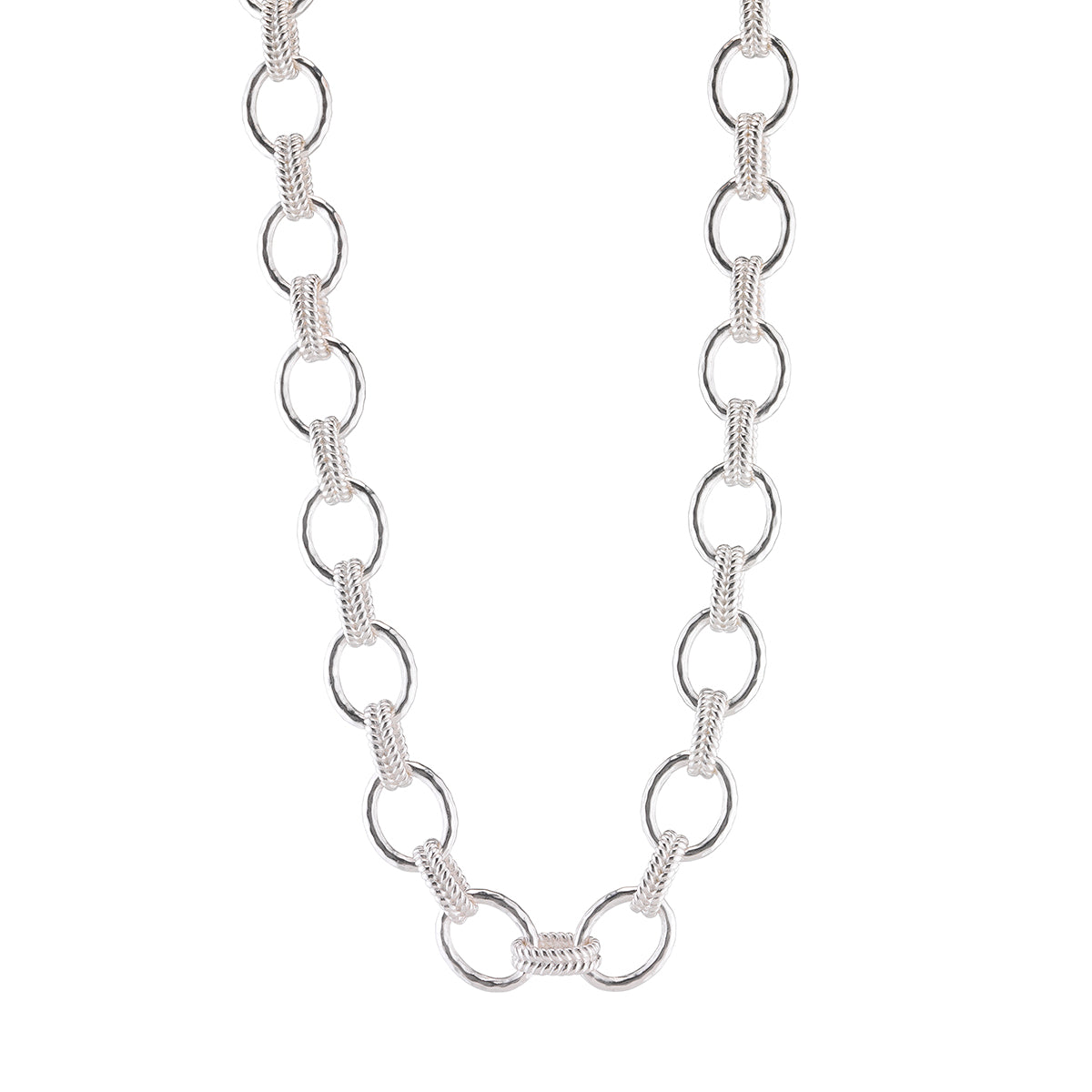 A silver-toned chain necklace featuring alternating large polished oval links and smaller textured rope-style links, displayed against a plain white background.