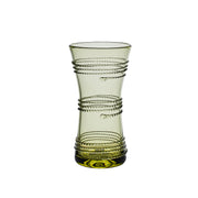 Green glass vase with spiral design on a white background