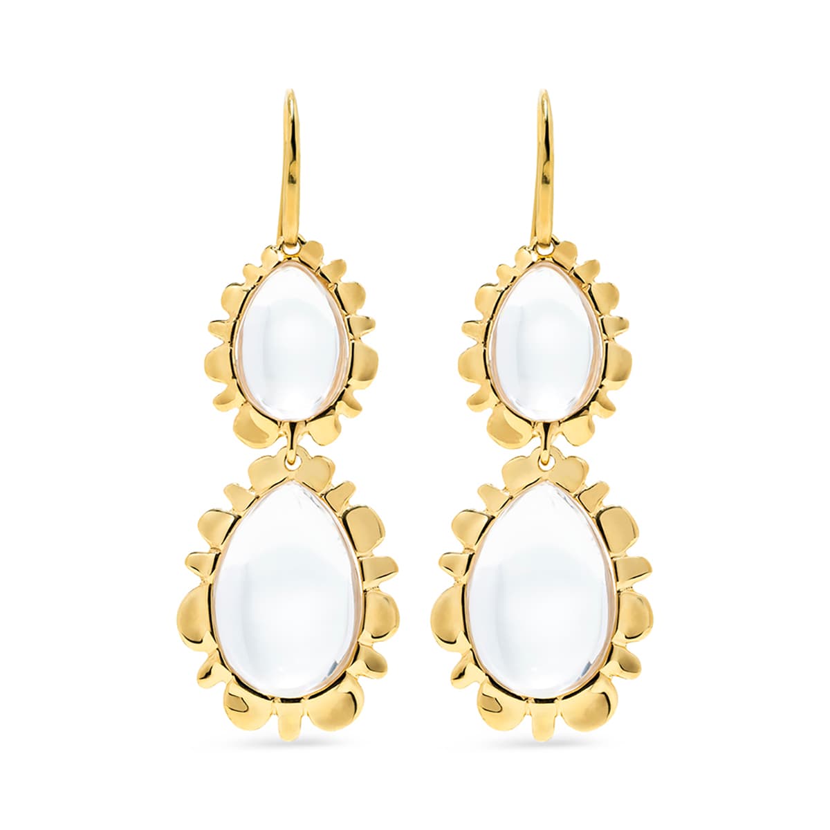 Gold double drop earrings with clear quartz.