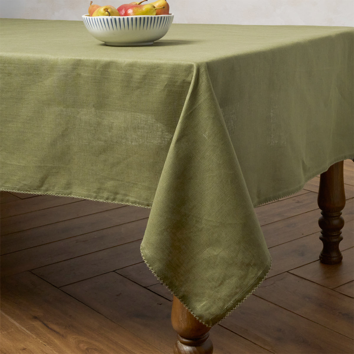 Berry Scallop 60" x 120" Tablecloth - Sage - styled table setting view