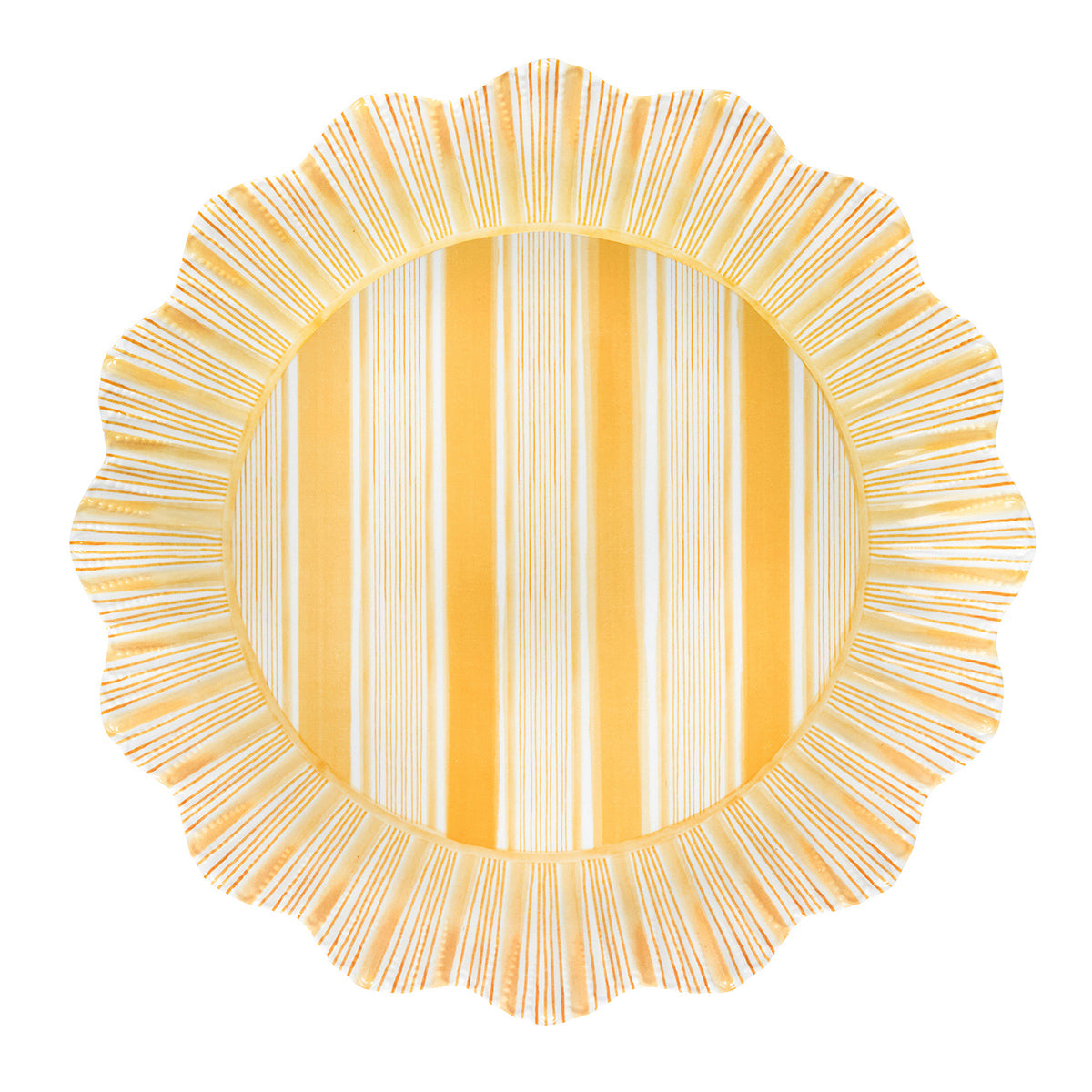 Yellow striped melamine dinner plate with scalloped edges