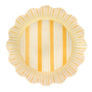 Yellow striped melamine dinner plate with scalloped edges
