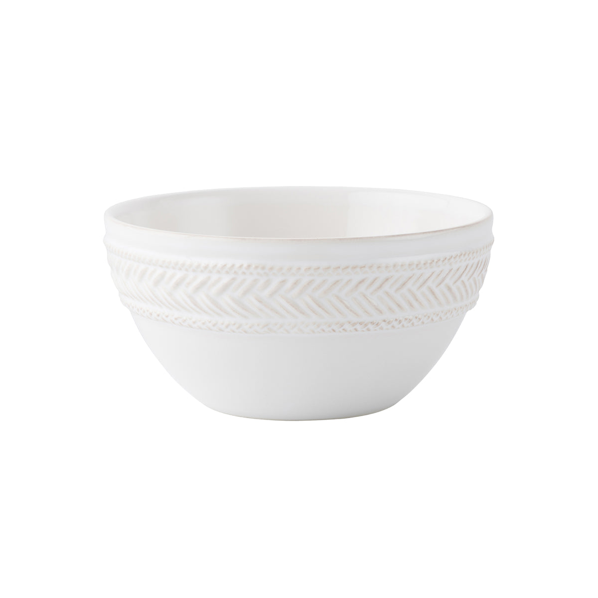 From our Le Panier Collection - An understated silhouette in our luxe whitewash glaze is adorned with a single rim of woven herringbone for easy mixing and matching with other collections. We love ours filled with apple cinnamon quinoa when we are feeling healthy - or bourbon-spiked sweet potatoes when we're feeling cheeky.
