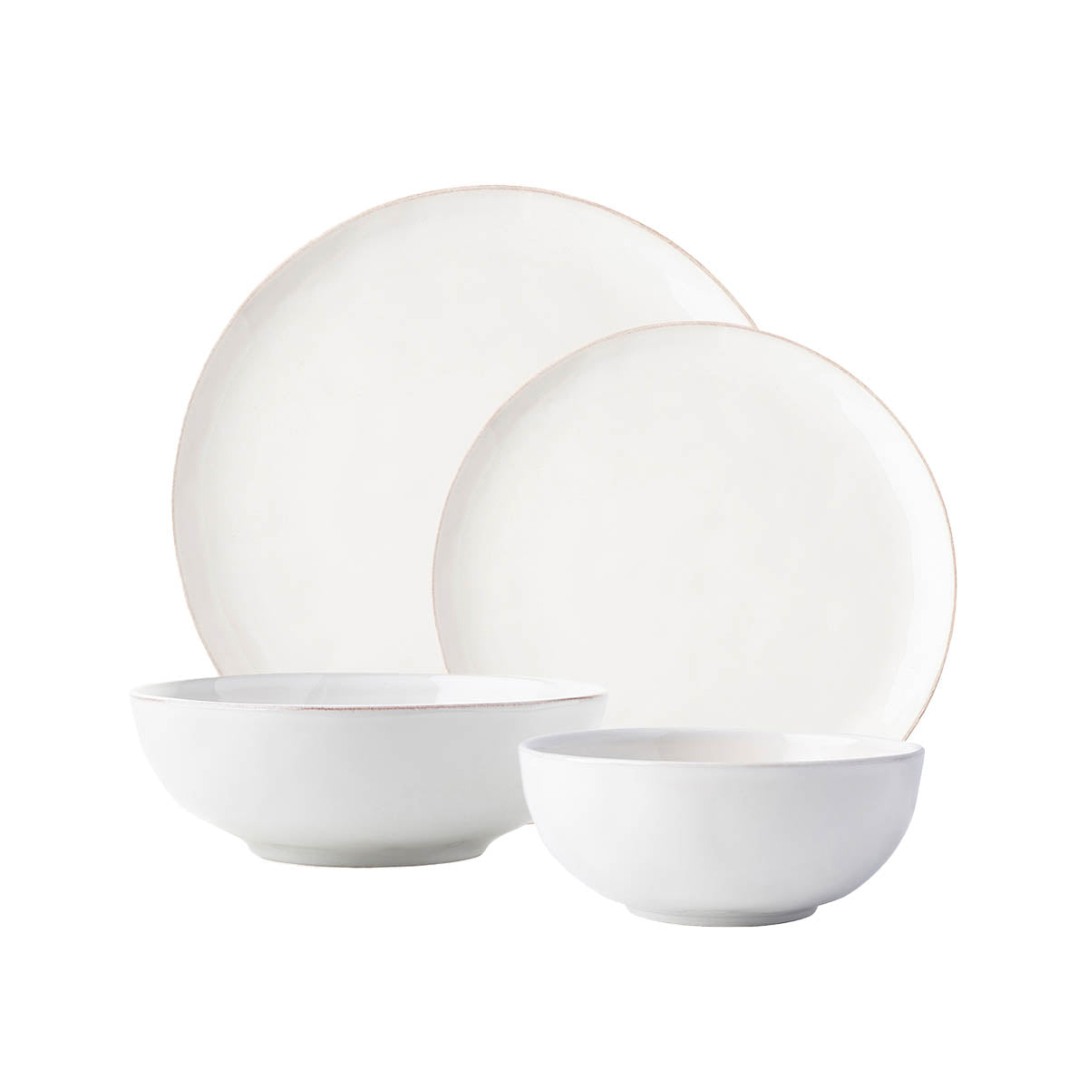 Everything you need to set a stylish place at your table - perfect for parties, and eminently useful for every day. Our four piece setting includes: coupe dinner plate, coupe dessert/salad plate, cereal/ice cream bowl and coupe bowl.
