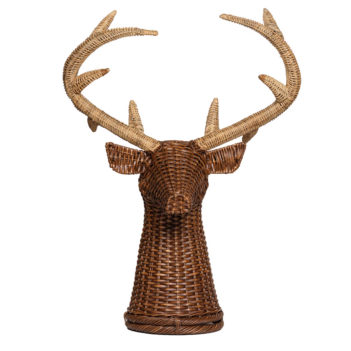 A magnificent display of woodland wonder for Fall decorating, our stately stag brings natural drama and delight to your entryway, mantelpiece, buffet, or dining table. Hand-made of beautifully woven abaca, wicker and rattan, with a clear glass vase nestled within to house whatever autumnal arrangements you dream up.