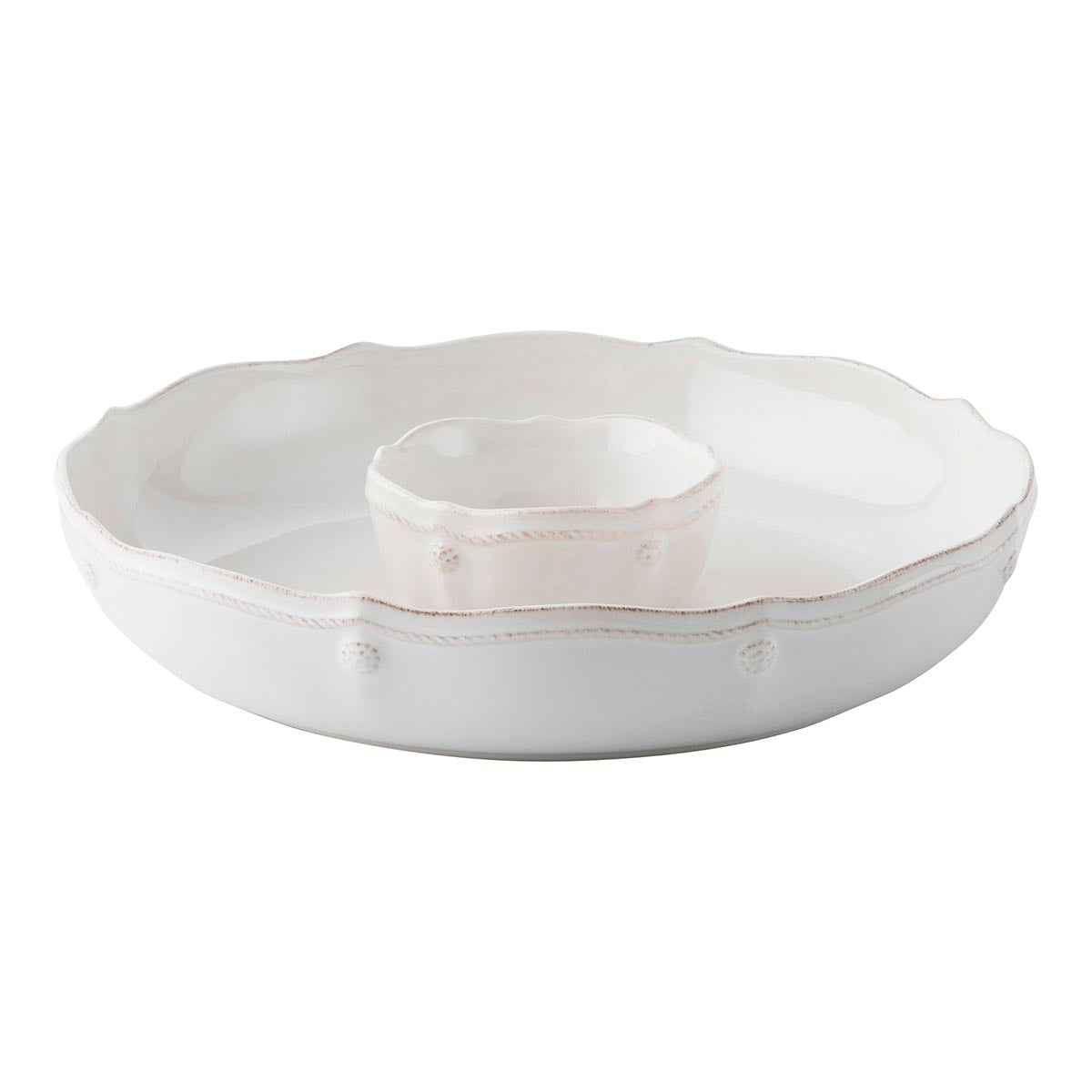 This two-piece chip and dip server is embellished with fluting and our berry and thread motif. A central bowl is surrounded by a larger basin.