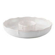 This two-piece chip and dip server is embellished with fluting and our berry and thread motif. A central bowl is surrounded by a larger basin.