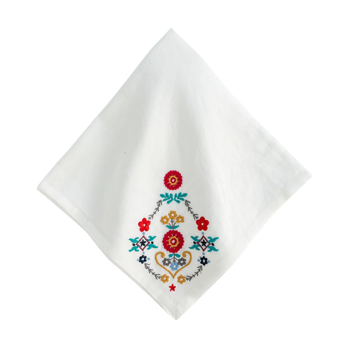 Evocative of inherited heirlooms, these woven linen napkins feature subtly stunning embroidery at the corner (perfect placement for styling within napkin rings) in an intricate floral motif that adds instant easy elegance to any table. The crisp white canvass with brilliant pops of colors works beautifully year-round, from candy cane and evergreen inspired holiday tablescapes to spring and summer splendor in all their blooming hues.