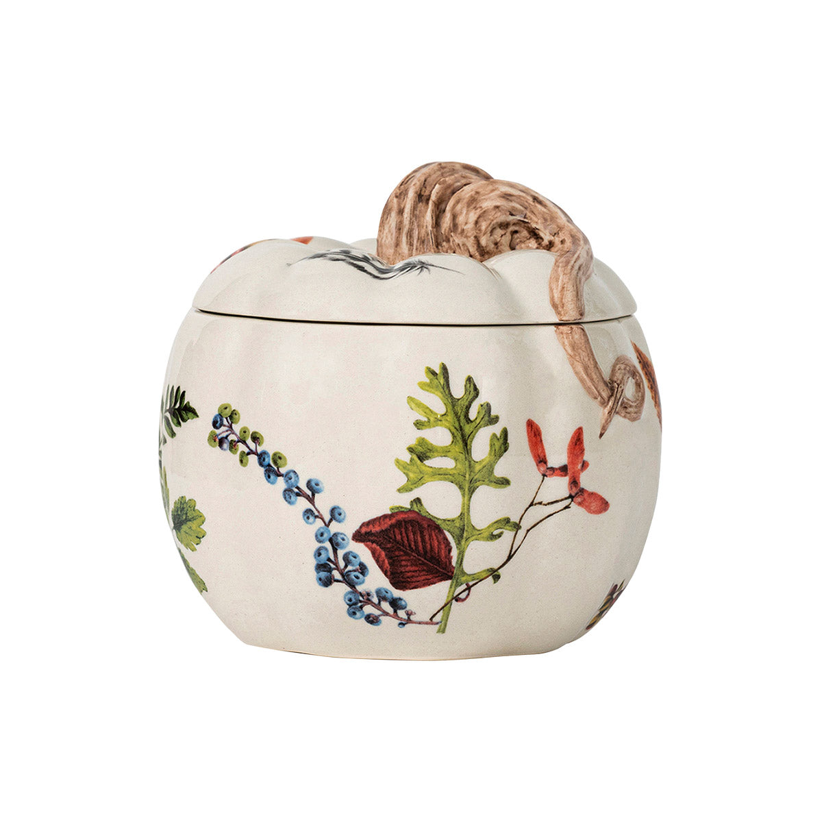 White six-inch pumpkin-shaped bowl with lid, adorned with colorful designs of flora and fauna.