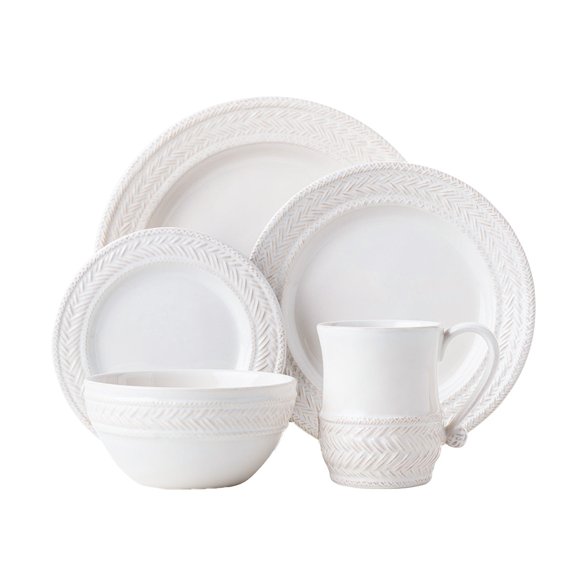 This sophisticated 5 piece place setting in whitewash was inspired by the French basket weave often found in equestrian and nautical traditions. Contains a dinner plate, dessert/salad plate, side/cocktail plate, cereal/ice cream bowl and mug.