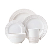 This sophisticated 5 piece place setting in whitewash was inspired by the French basket weave often found in equestrian and nautical traditions. Contains a dinner plate, dessert/salad plate, side/cocktail plate, cereal/ice cream bowl and mug.