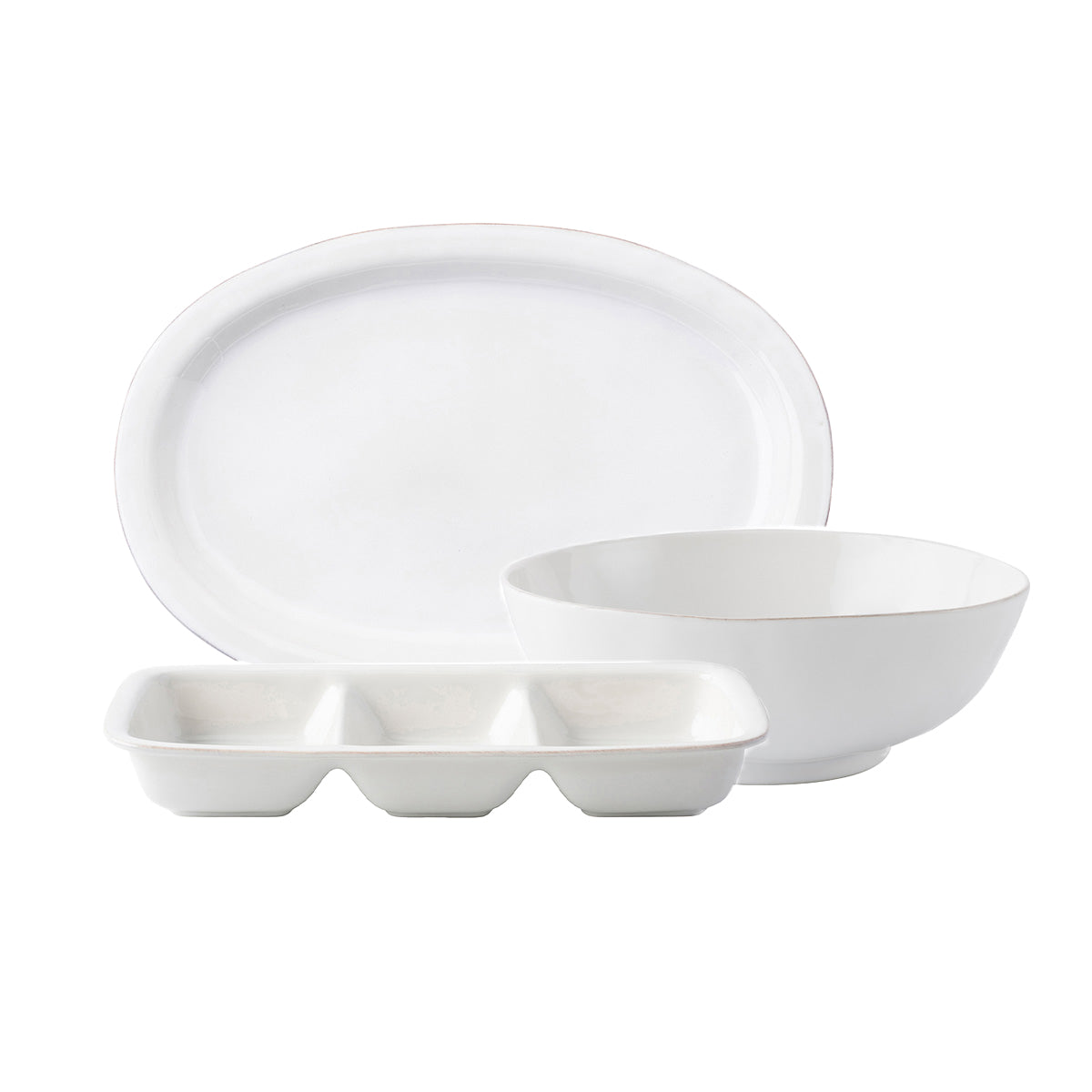 A must-have set for every entertainer's pantry, this essential serving set includes a 16" platter, 10" serving bowl and triple section server, all in our timeless whitewash glaze that is suitable for special occasions and everyday.