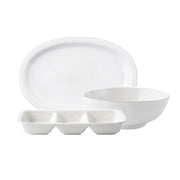 A must-have set for every entertainer's pantry, this essential serving set includes a 16" platter, 10" serving bowl and triple section server, all in our timeless whitewash glaze that is suitable for special occasions and everyday.