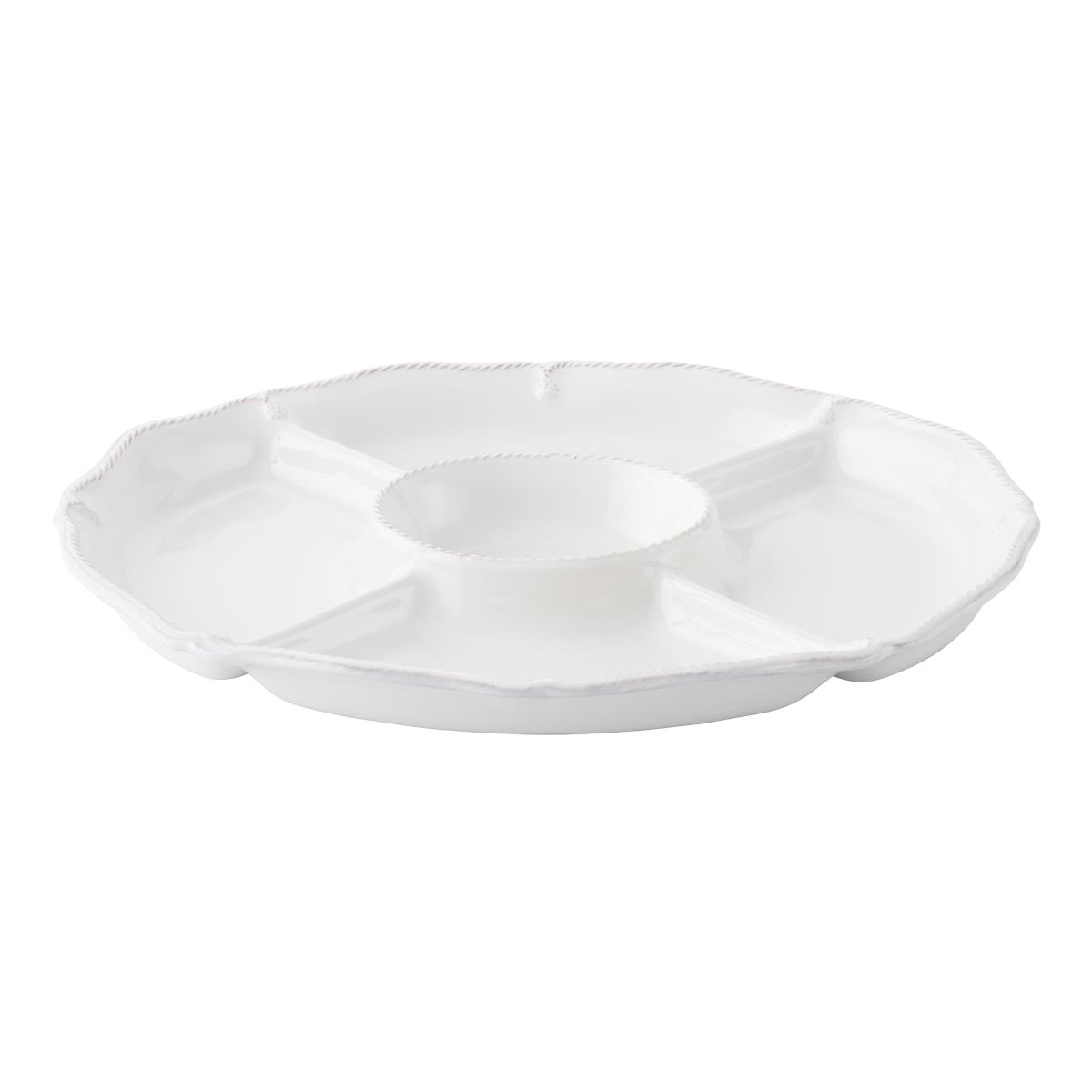 With a handy center vessel for dipping and four compartments trimmed with a scalloped edge, and our thread and berry motif, this platter elevates the humble crudites; offering to something much more elegant. Set against our luxe whitewash backdrop, whipping up a beautiful appetizer is a snap - we like to play with the season's brightest stars to create a vibrant palette of color - from spring radishes to whimsical pea tendrils and deep purple carrots.