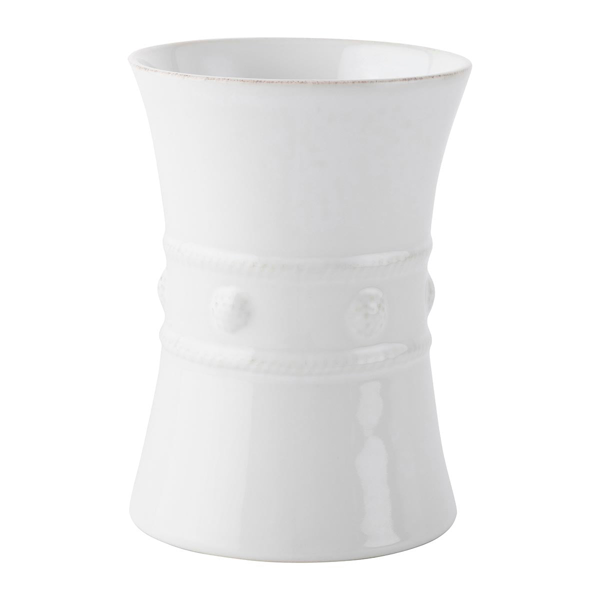 Simply chic housing for your spatulas and spoons. This spacious vessel has a simple sash of threads and berries at the midline, making it an elegant and efficient addition to your kitchen cache. The versatile shape doubles beautifully as a vase or store it in your freezer, chill, and use as a white wine cooler.