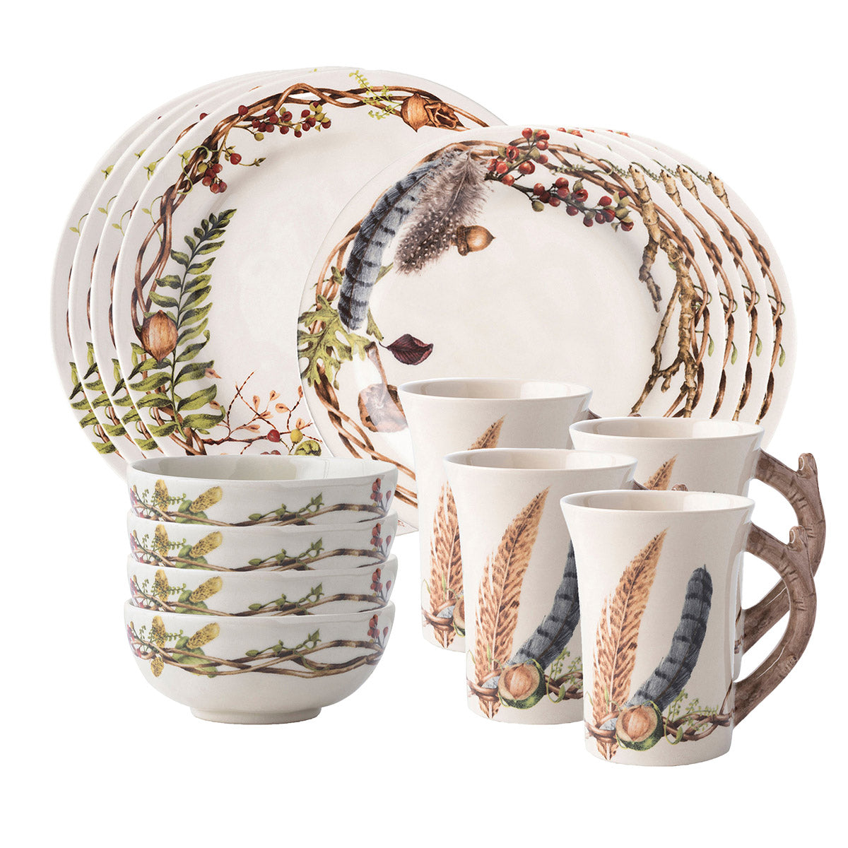 From our Forest Walk Collection- Found treasures from woodland rambles are artfully arranged in a coronet of wildly beautiful things. Our 16 piece setting in contains 4 dinner plates, 4 party plates, 4 berry bowls, and 4 mugs.