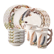 From our Forest Walk Collection- Found treasures from woodland rambles are artfully arranged in a coronet of wildly beautiful things. Our 16 piece setting in contains 4 dinner plates, 4 party plates, 4 berry bowls, and 4 mugs.