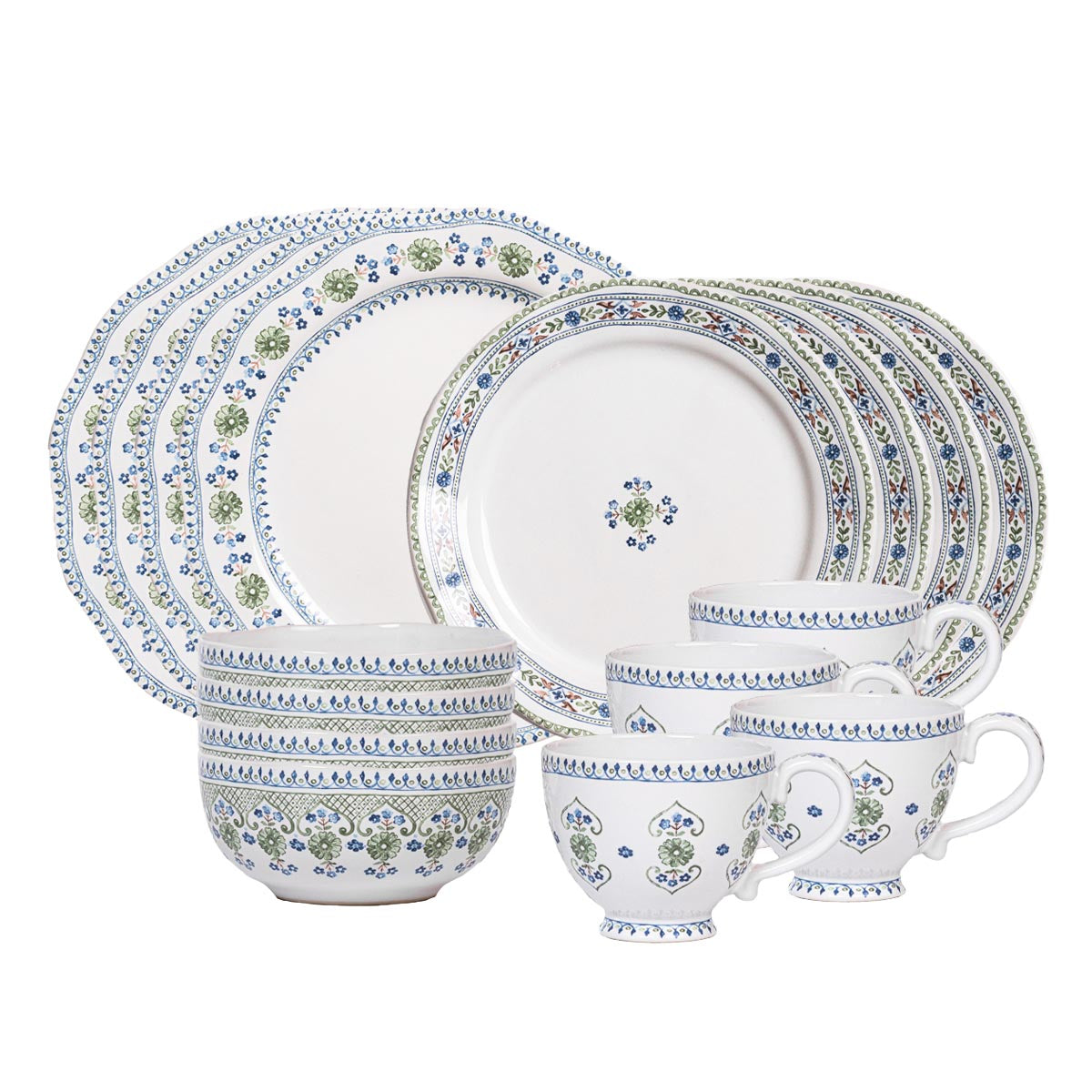 With our heads in the clouds and our feet on the cobblestone streets of ancient Seville, we dreamt up this intricate floral motif that echoes the folkloric floral patterns of the Spanish countryside. This 16 piece set provides service for four people and includes four of each: dinner plates, dessert/salad plates, cereal/ice cream bowls and breakfast cups.