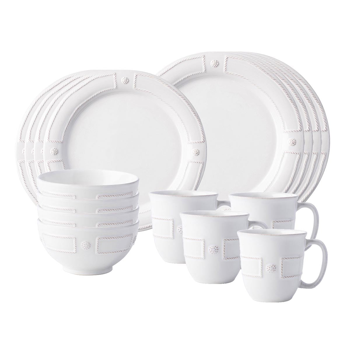 Inspired by the impeccably elegant symmetry of Parisian architecture, we've created a fresh extension to our iconic Berry & Thread collection. Designed specifically for layering, it lies on a precise axis when stacked together for a look that is as artfully geometric as the ordered garden rows of Versailles. Our 16 piece setting includes: 4 dinner plates, 4 salad plates, 4 cereal bowls and 4 cofftea cups.