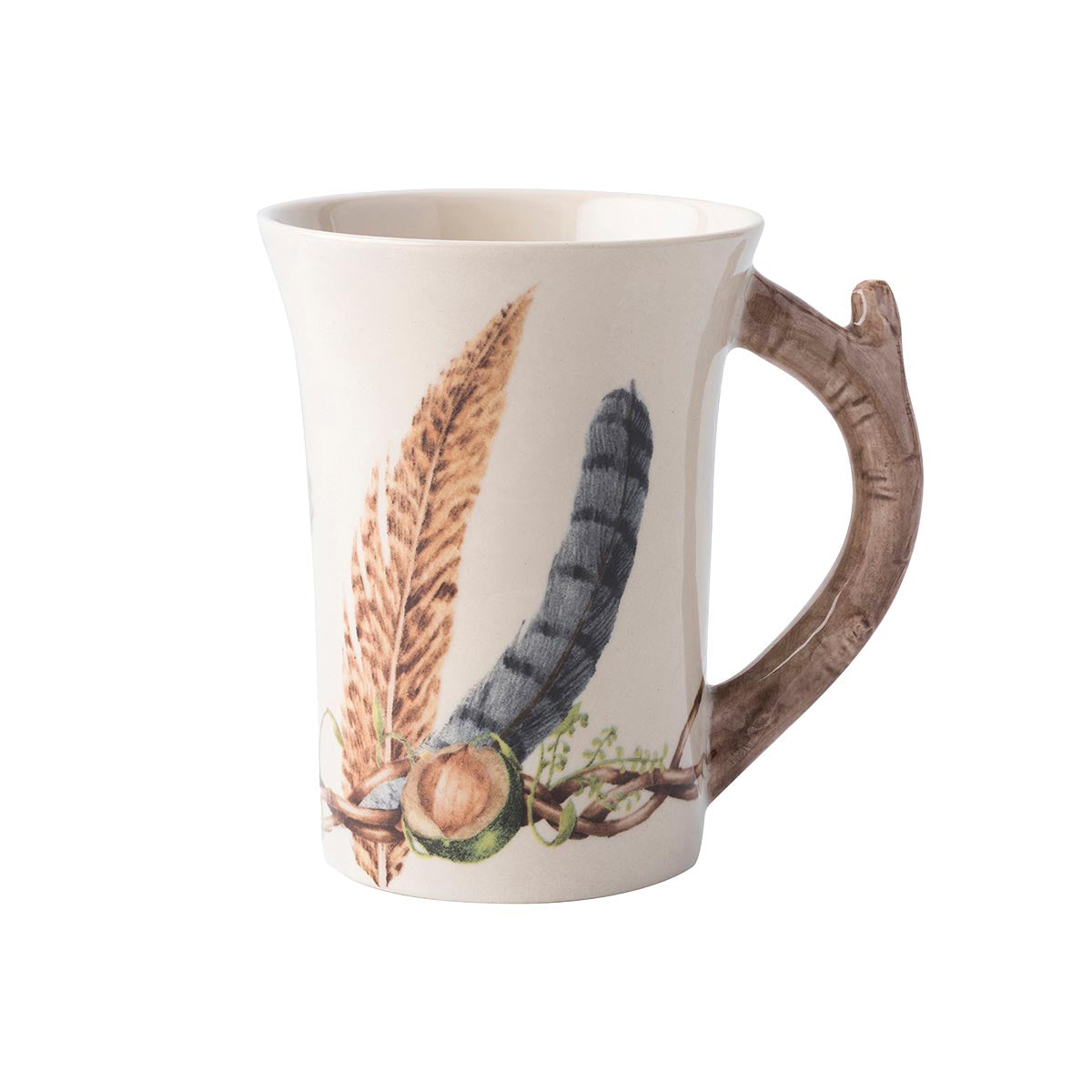 Mug with feathers, vines, and a nut painted on it, with a handle shaped and painted like a twig.