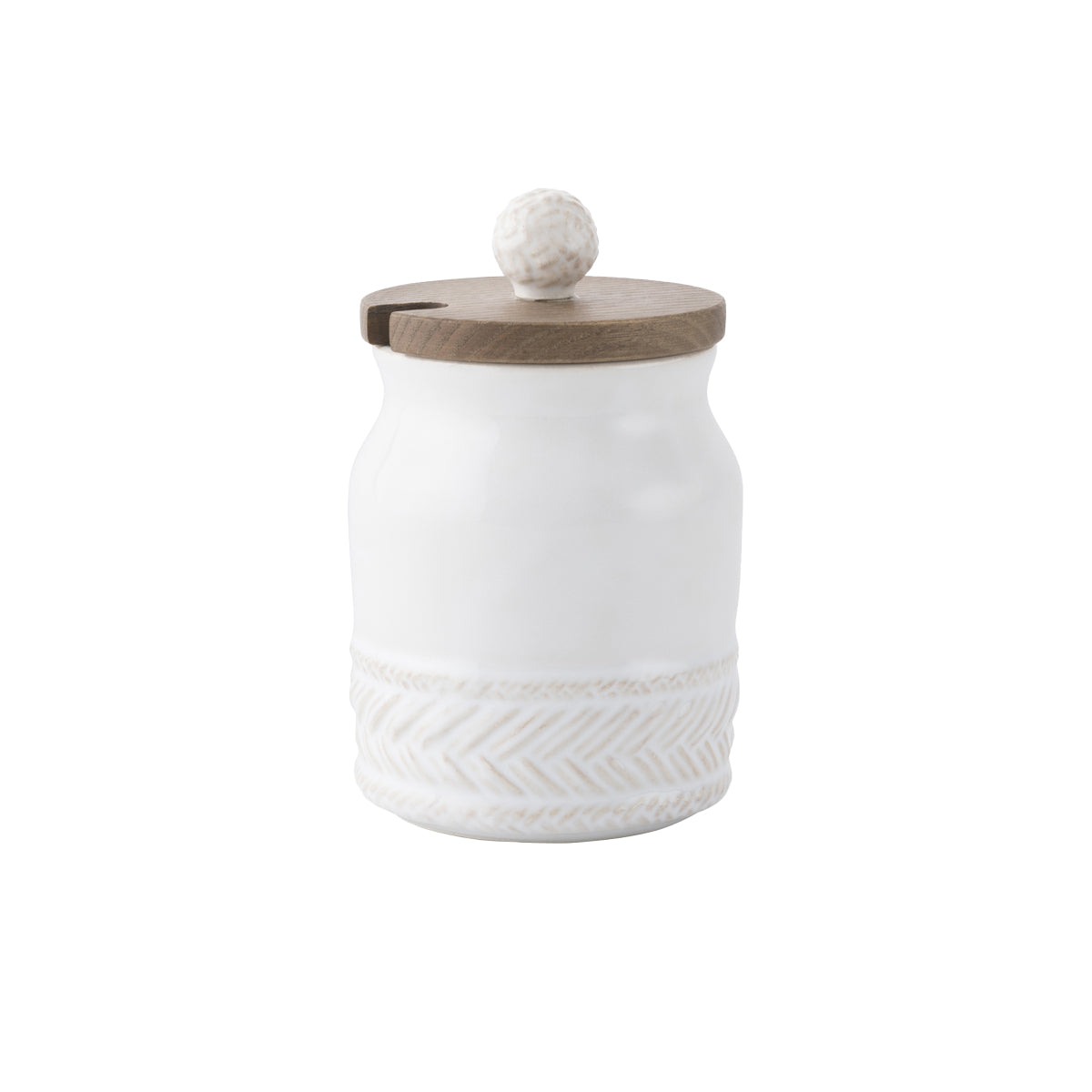 From our Le Panier Collection - The natural wooden lid on this sweet pot adds to the signature warmth and texture of our Le Panier collection, evocative of the delightfully age-worn kitchens found in French country villages. Ever ready on the countertop, we love to infuse our sugar with a sprig or two of freshly picked lavender.