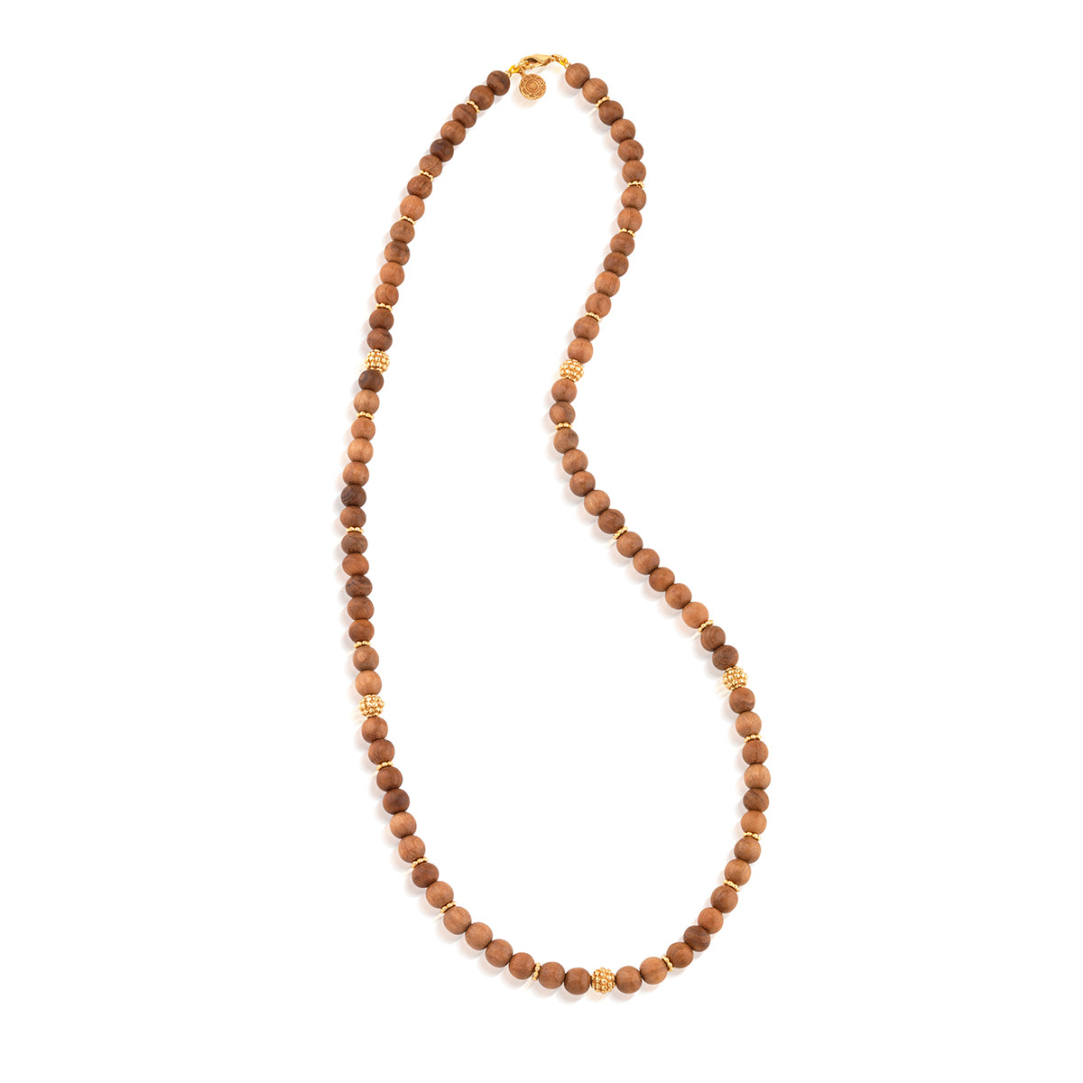 A beaded necklace made of small brown wooden beads with a few gold-toned spacer beads, displayed on a clean white background.