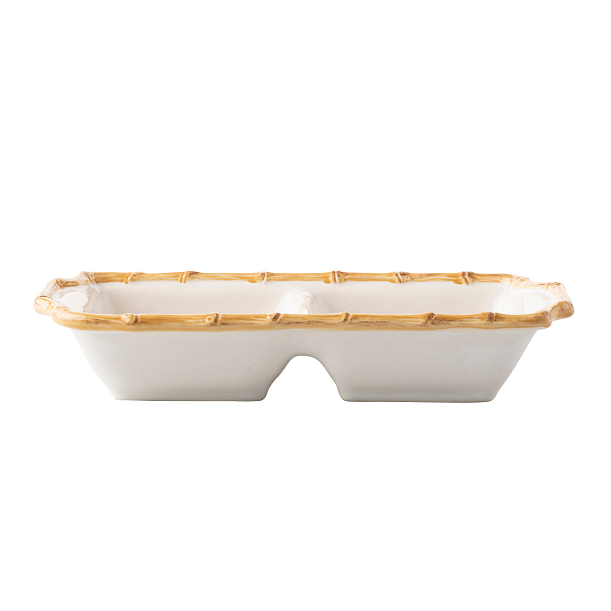For everything from garden parties to sunset cocktails, this double serving dish is rimmed in our beguiling bamboo motif that strikes just the right balance of casual an exotic.