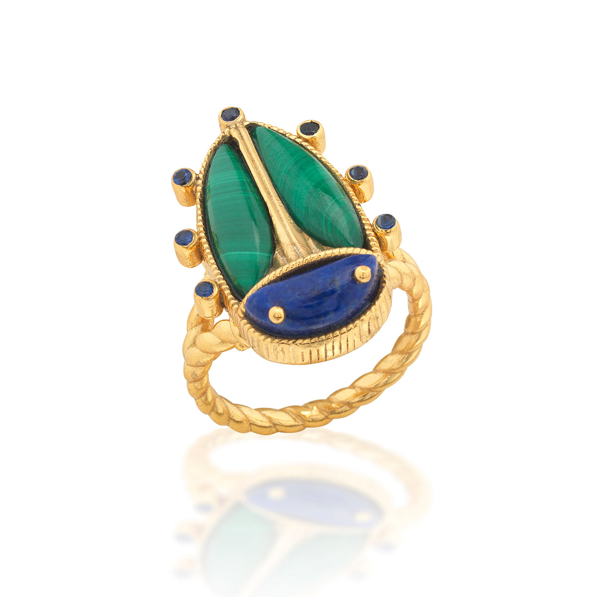 This colorful character is an empowering talisman of resilience to carry with you every day. Our version of an ancient Egyptian amulet, this sacred scarab features polished malachite wings with a lapis head and tiny feet atop a gold ring band.