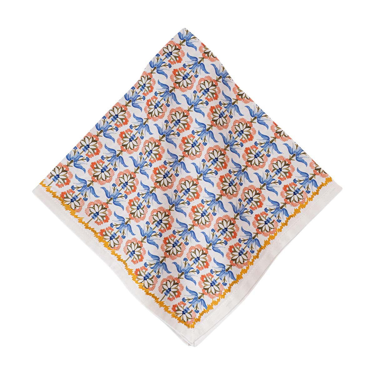 Featuring a subtle stripe with rows of bold, blooming flowers, this napkin is the perfect linen to enliven your table. We especially adore the combination of hot orange-poppy and cool cornflower blue hues for easy and elegant mixing and matching.