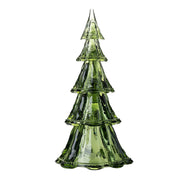 Perfect for embellishing holiday tables or mantles, these striking evergreen glass trees feature Berry & Thread decoration. This set of five pieces includes the mini, small, medium, large and extra-large tree tiers, which may be used individually, as small groups, or as one large stacked set.