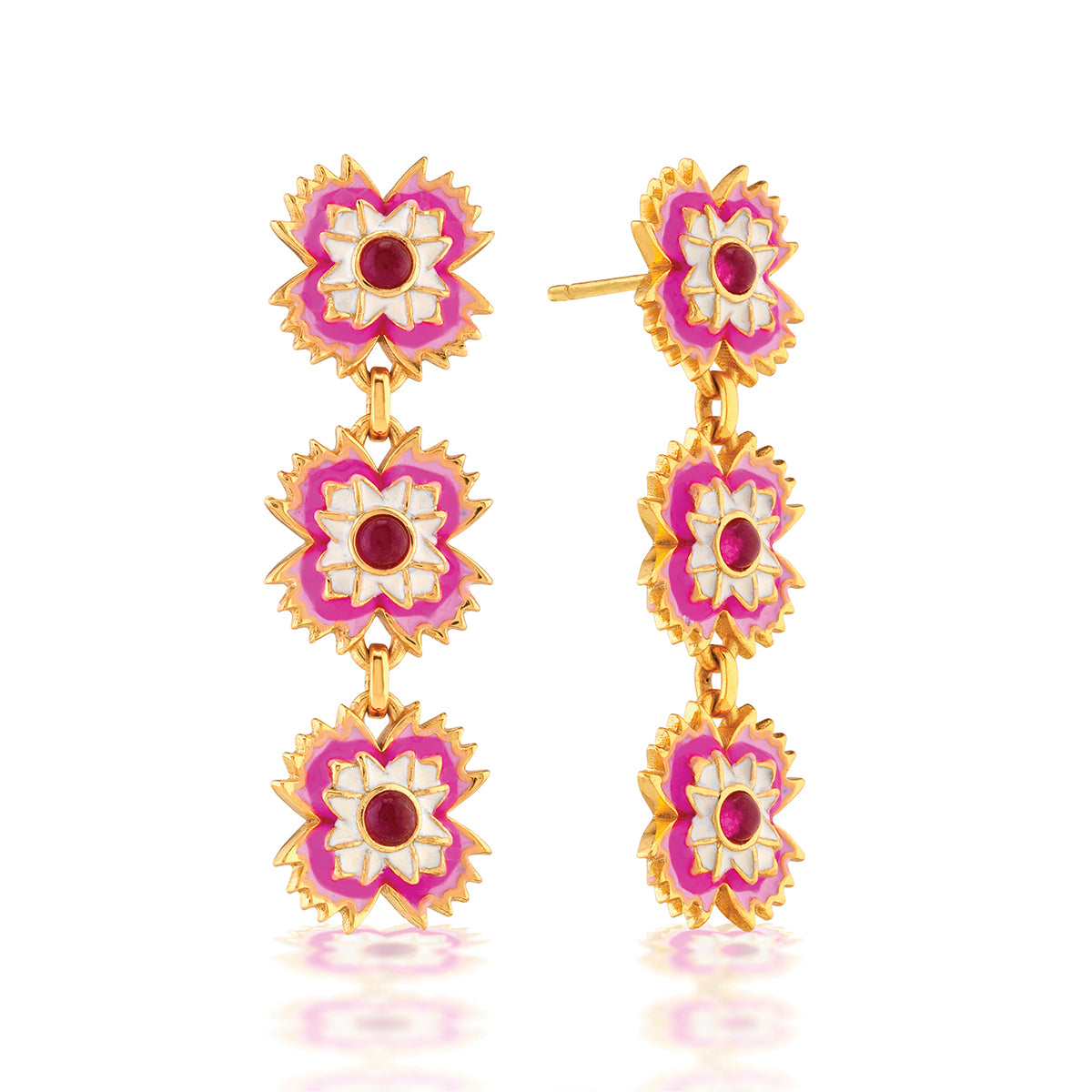 A trio of blossoms descend in linear fashion for an effect that’s equally streamlined and romantic. These exquisitely detailed blooms have luminous fuchsia jade gemstone centers and hand-painted ruffled petals in petal pink and white with bright gold flourishes to bring femininity and a little flower power to all your springtime fêtes and summer soirées.