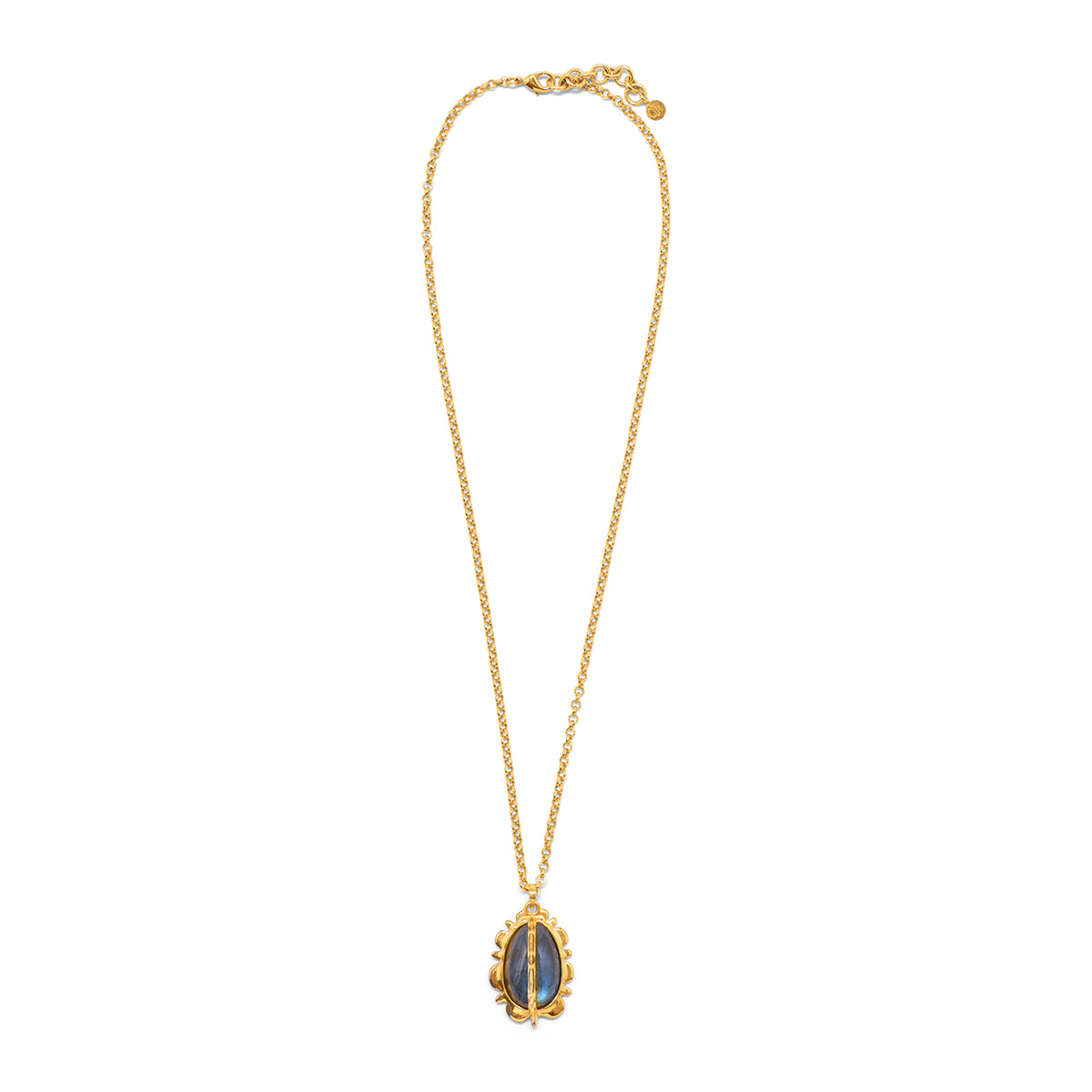 Gold necklace with a large drop of blue labradorite.