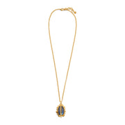 Gold necklace with a large drop of blue labradorite.