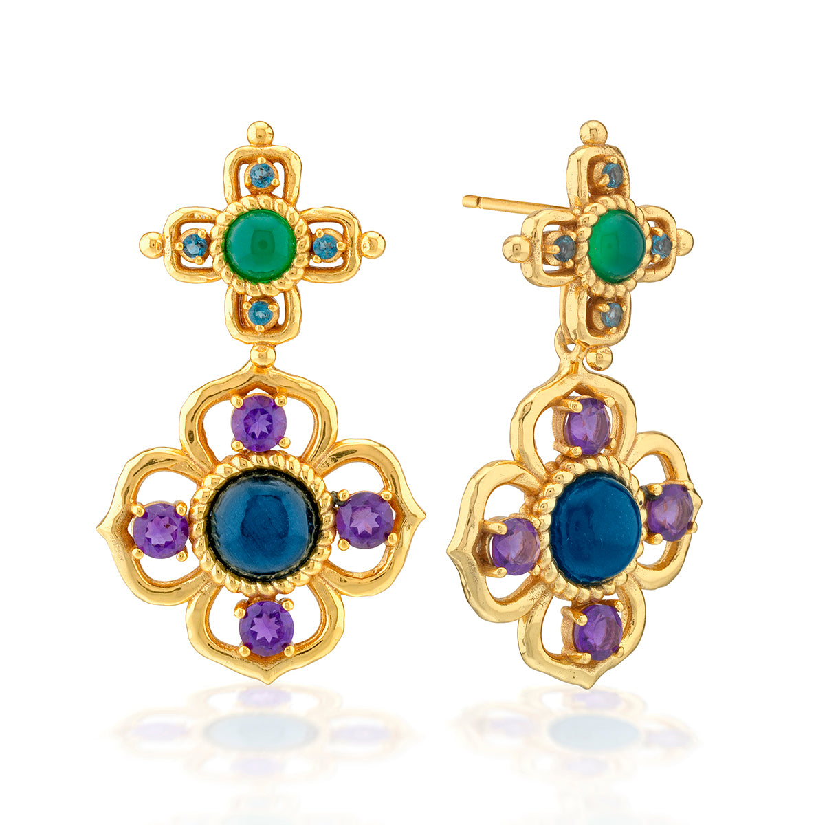 A pair of gold dangle earrings with green, blue, and purple gemstones, displayed on a clean white background with a soft reflection.