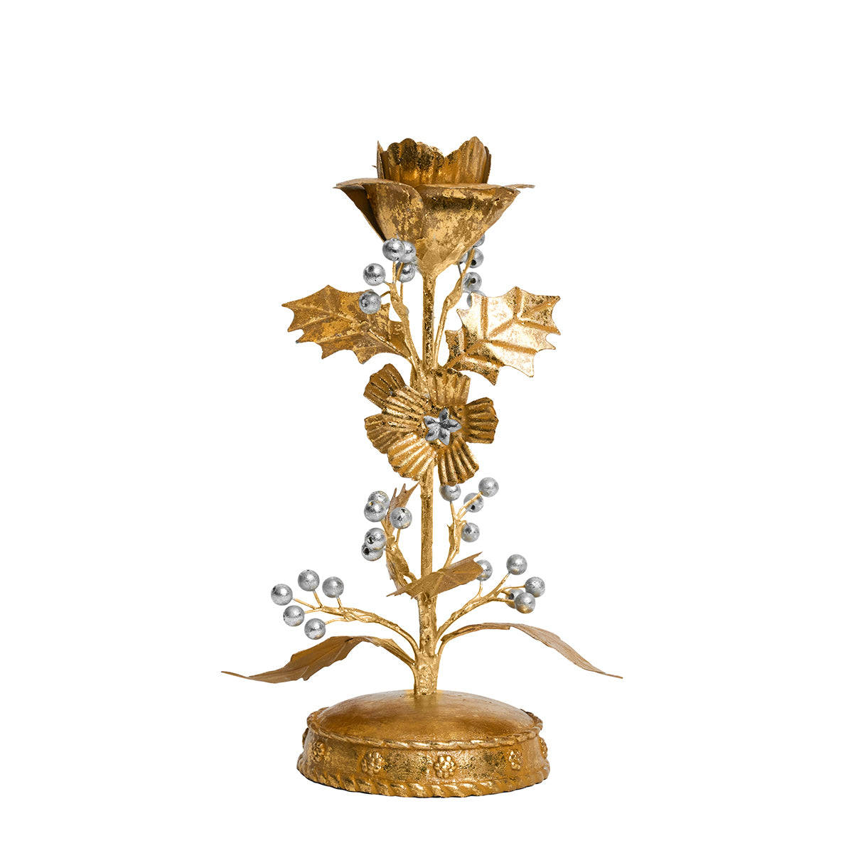 Forest Walk Holly 9" Candlestick - Gold/Silver