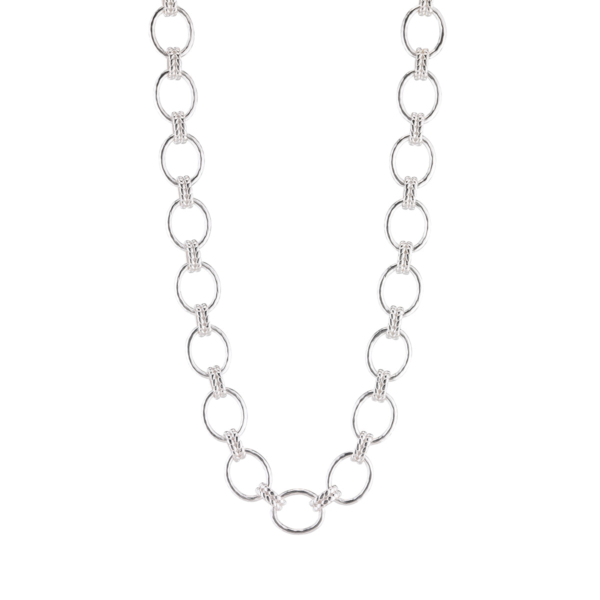 A silver-toned chain necklace featuring alternating large polished oval links and smaller textured round links, displayed on a clean white background.
