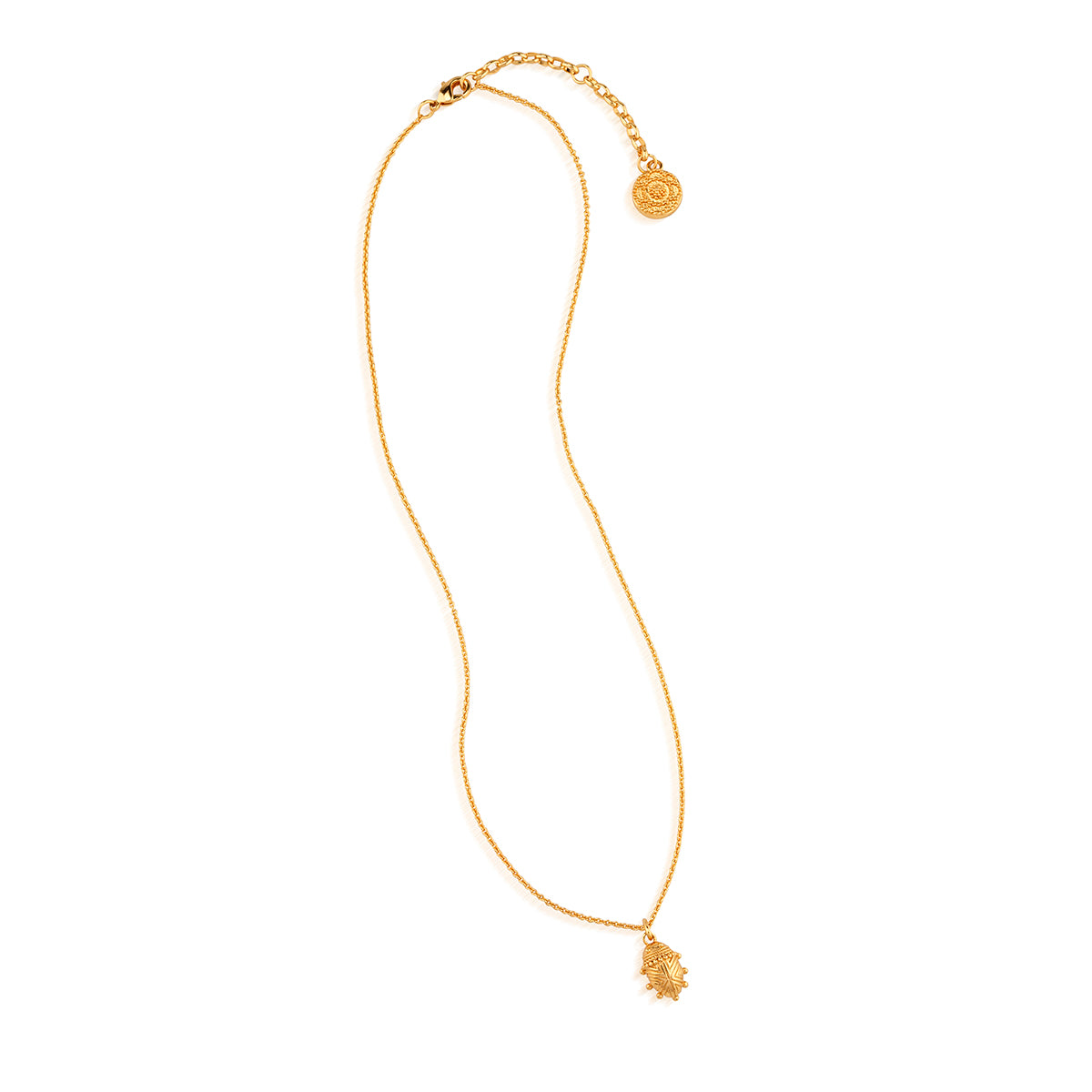 A delicate gold chain necklace with a small textured gold pendant and an adjustable lobster clasp with a round tag, displayed on a clean white background.