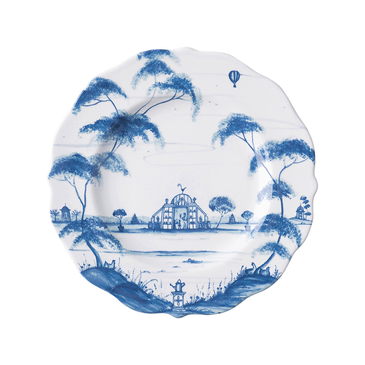 From our Country Estate Collection- The Conservatory is a serene place of growth and nurturing, reminding us to spend time with loved ones over al fresco summertime lunches. Our scalloped plate pairs superbly with long conversations and perfumed salads plucked from the herb garden. Or for a solitary respite, spend an afternoon penning sonnets in the Reading Pavilion with a slice of spiced chocolate cake. Featuring: Conservatory, Reading Pavilion, Hen House, and Balloon