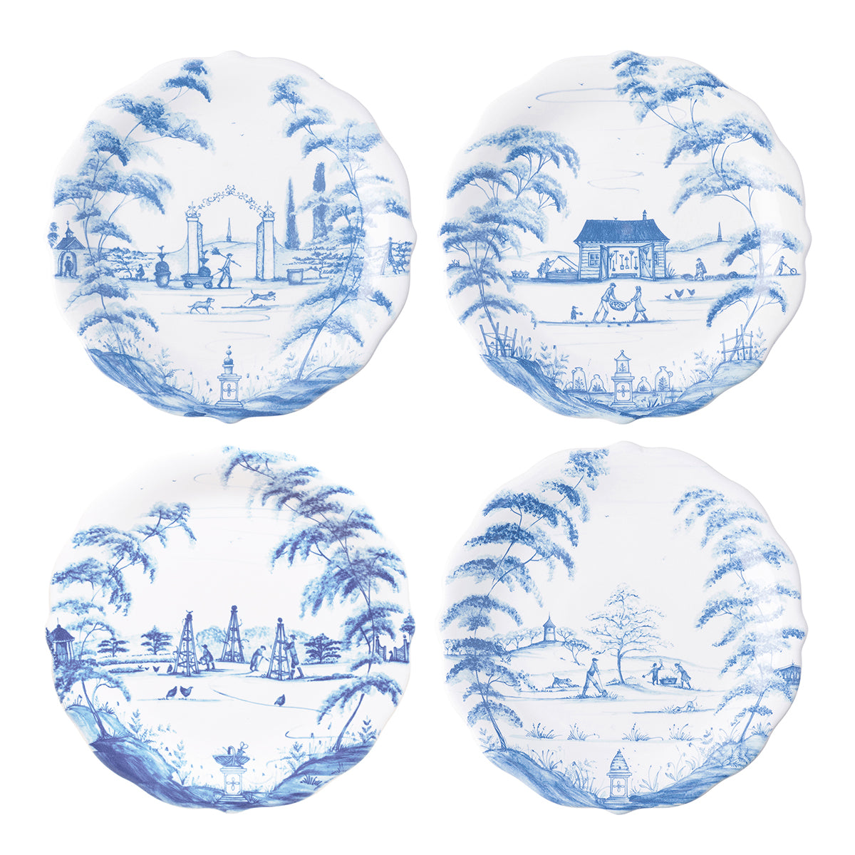 From our Country Estate Collection- An afternoon stroll about the grounds is a lovely interlude, indeed. Each plate in our collection of four highlights a different charming location that you may explore on your walk. Use them as a beautiful way to gather small household items like spare change and buttons, or to serve your favorite nibbles. Featuring: Apple Orchard, Rose Arbor, and Spring Gardening scenes.