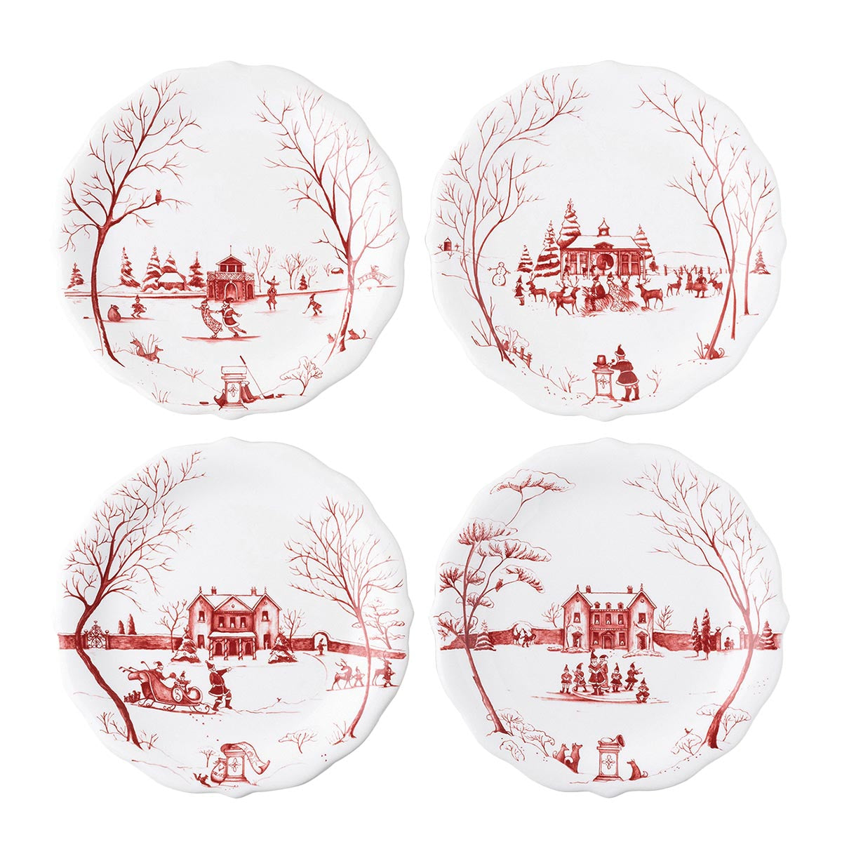 Juliska's charming English Country Estate is snow covered for the holidays! In this latest chapter of the estate at Christmastime, Santa & Merry celebrate with all the North Pole inhabitants. Each charming party plate in this set of four features a unique scenes: 1) Santa & Merry ice skating on the pond outside the Boathouse, 2) Santa, Merry and the elves caroling in front of the Main House, 3) Sleigh rides behind the Main House, and 4) Feeding the reindeer at the Stable