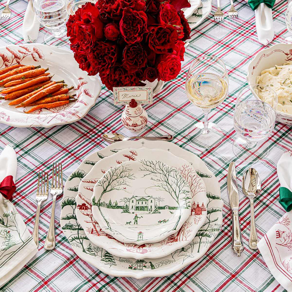 Green and red Country Harvest Estate plates within a table setting