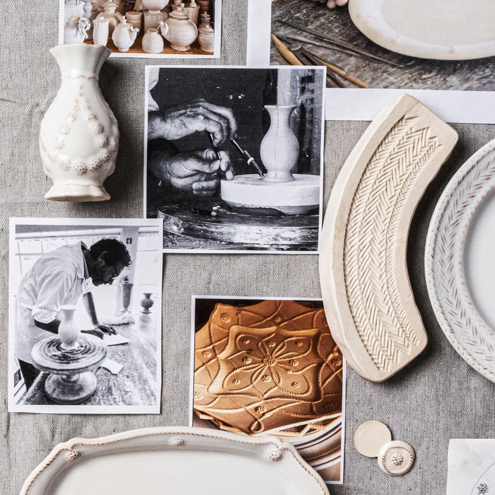 A scrapbook of black and white photos of Juliska Artisans at work.