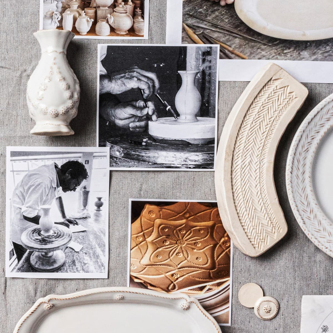 A scrapbook of black and white photos of Juliska Artisans at work.