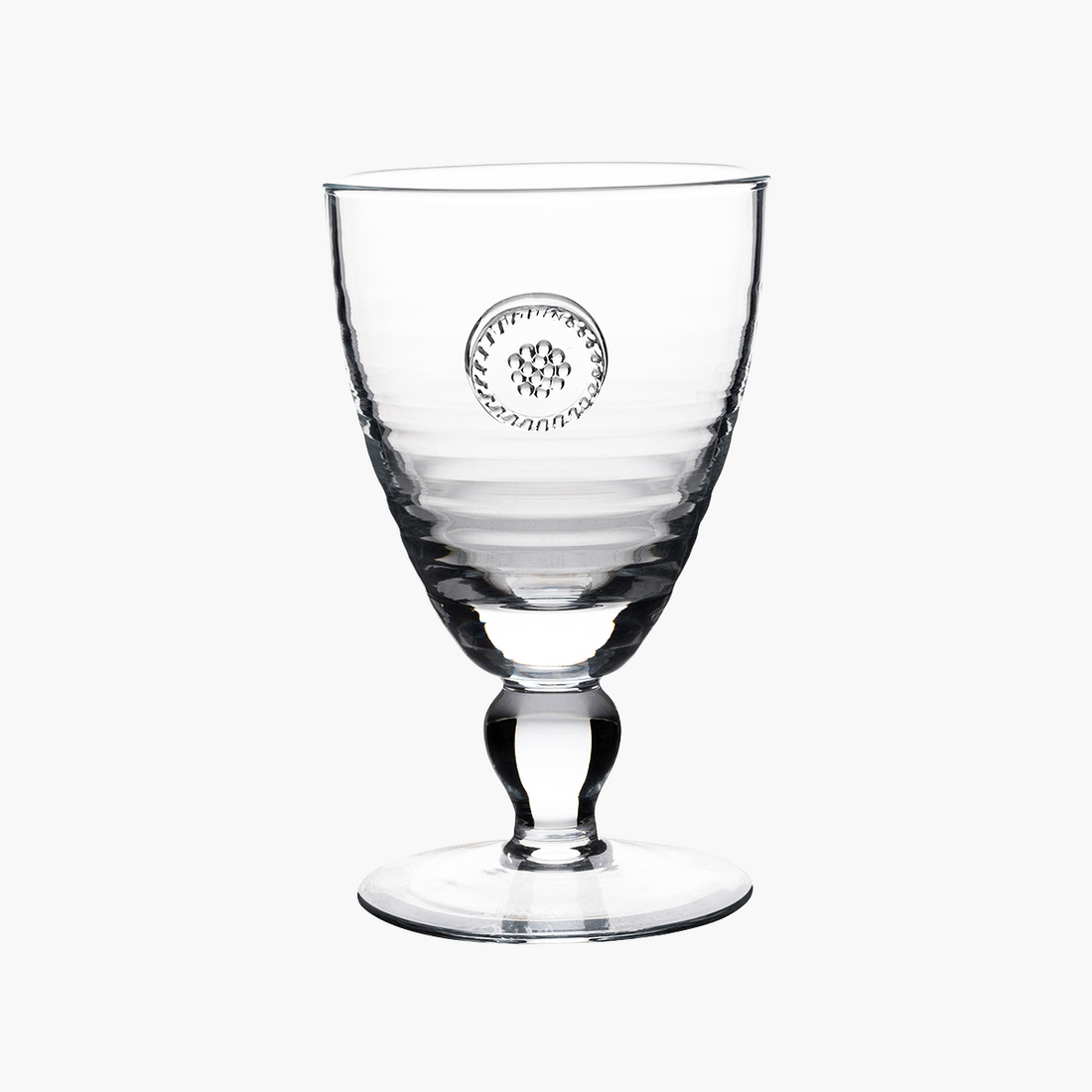 Berry & Thread Goblet. Adorned with a sweet berry and thread medallion our goblet stylishly blends elegance and function. On a white background.