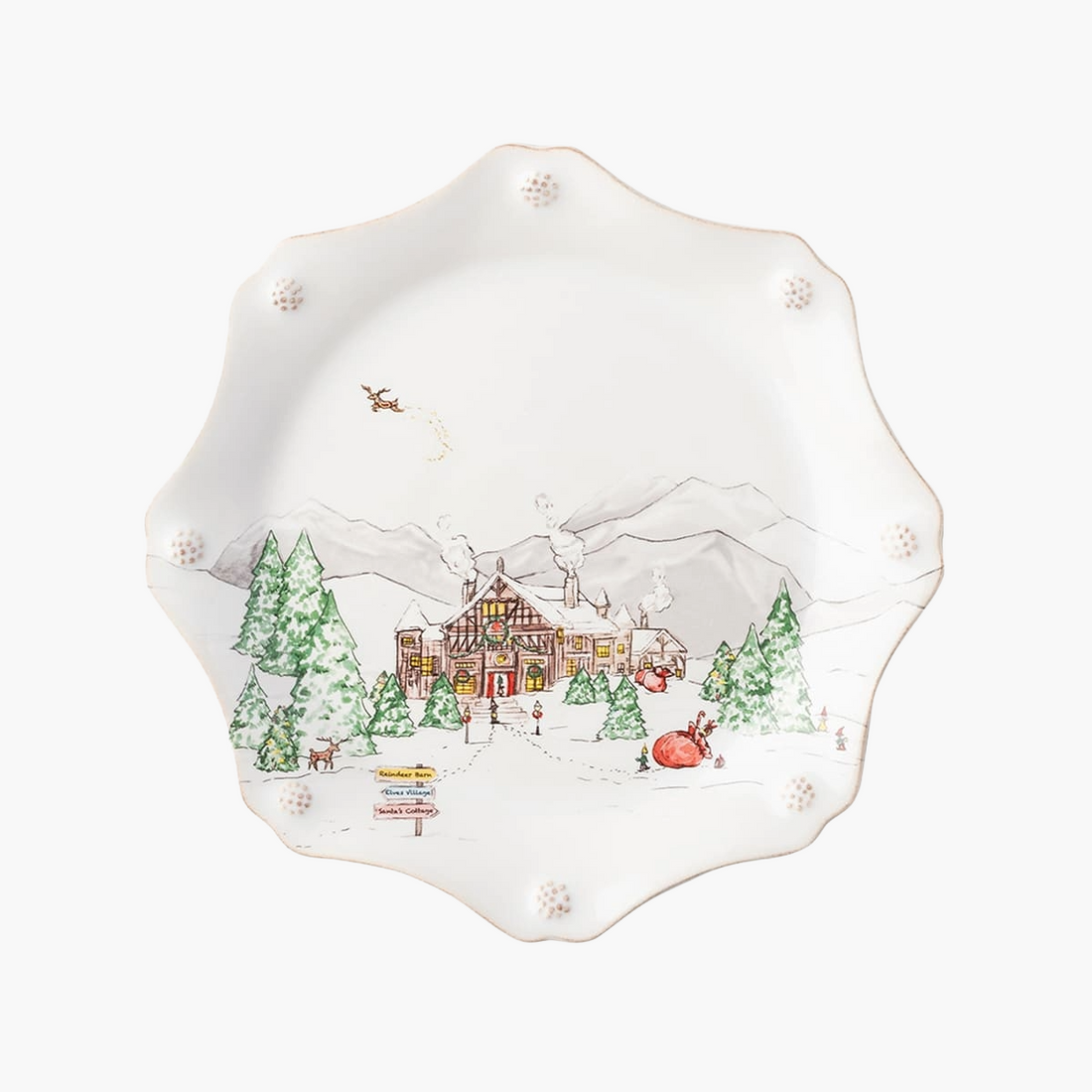 Scalloped plate with a painted design of Santa's workshop on white background.
