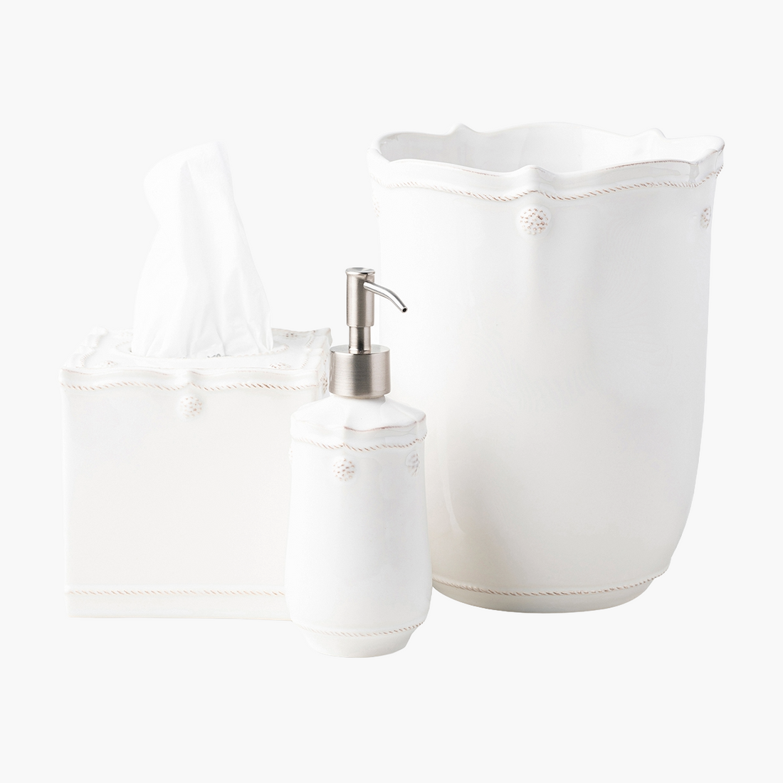 Berry & Thread Tissue Box Cover, Hand Soap Dispenser and Trash Bin on a white background