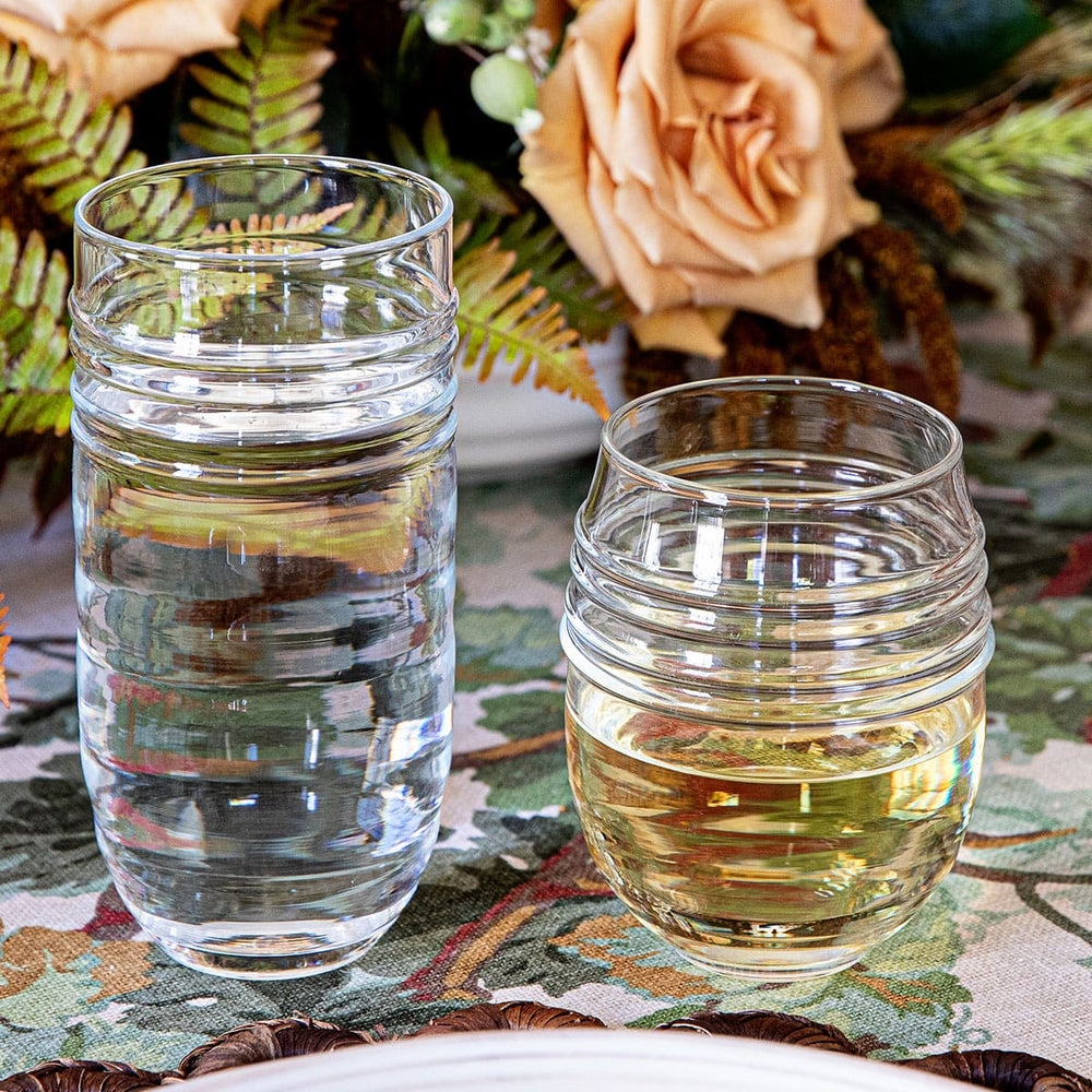 Closeup of two Bilbao glasses on a table.
