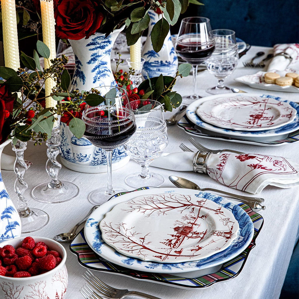 A beautiful blue and red Country Estate holiday table.